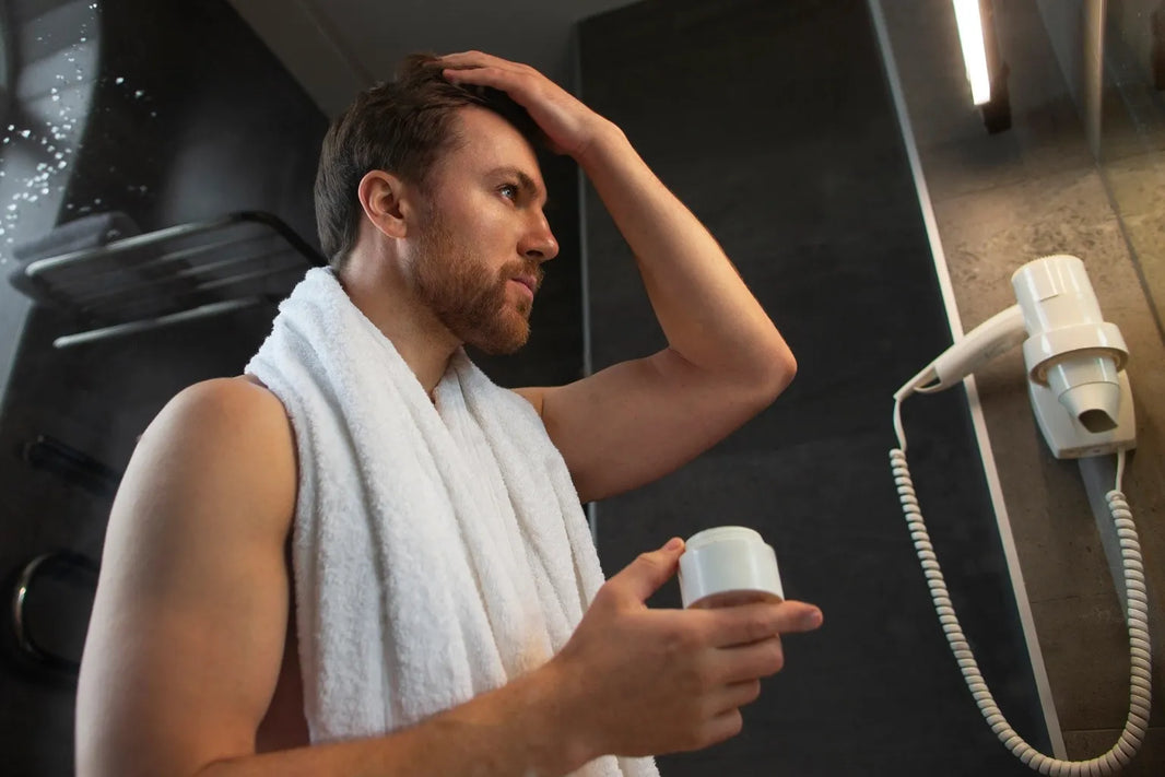 Homme appliquant un produit coiffant devant le miroir, routine de coiffure pour cheveux fins avec séchage optimisé et soin adapté au volume capillaire